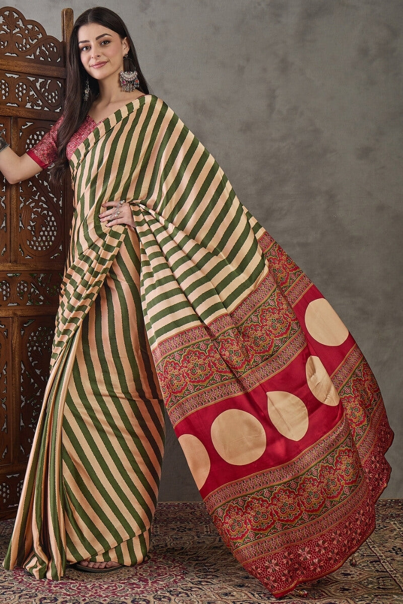 Muddy Green Stripe Ajrakh Printed Satin Silk Saree