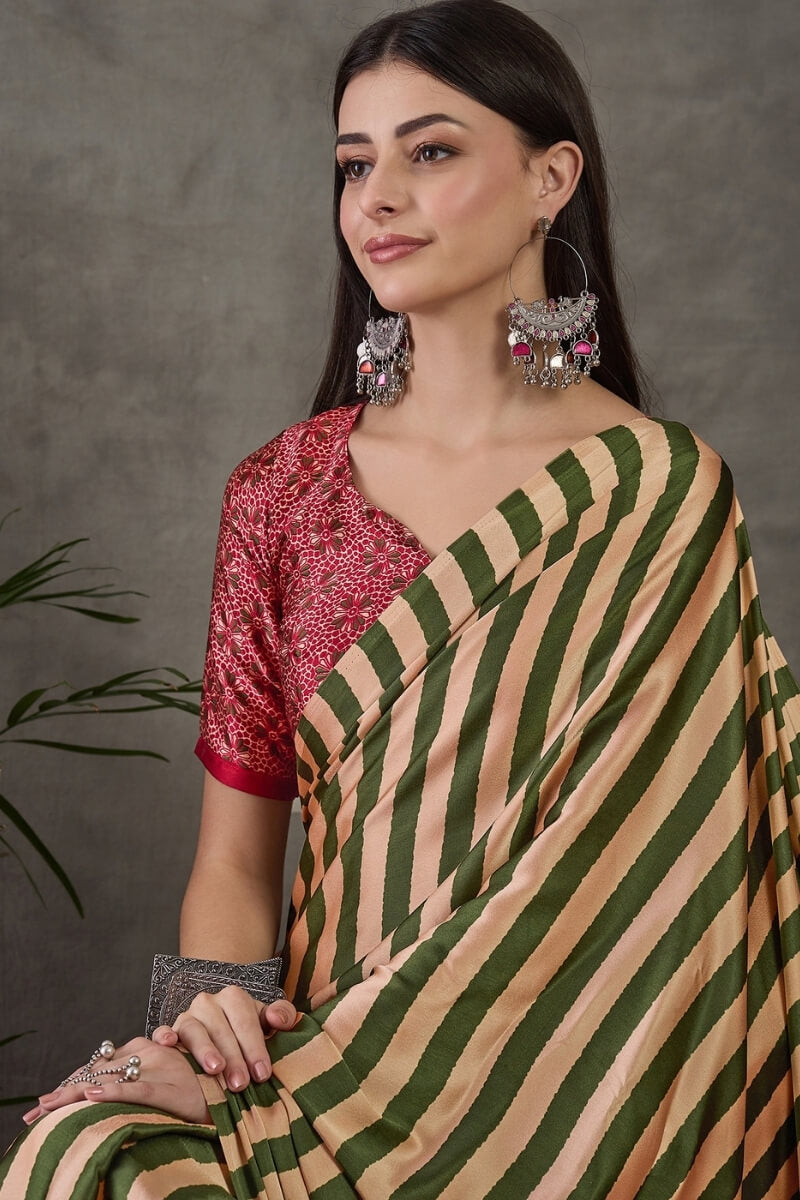 Muddy Green Stripe Ajrakh Printed Satin Silk Saree