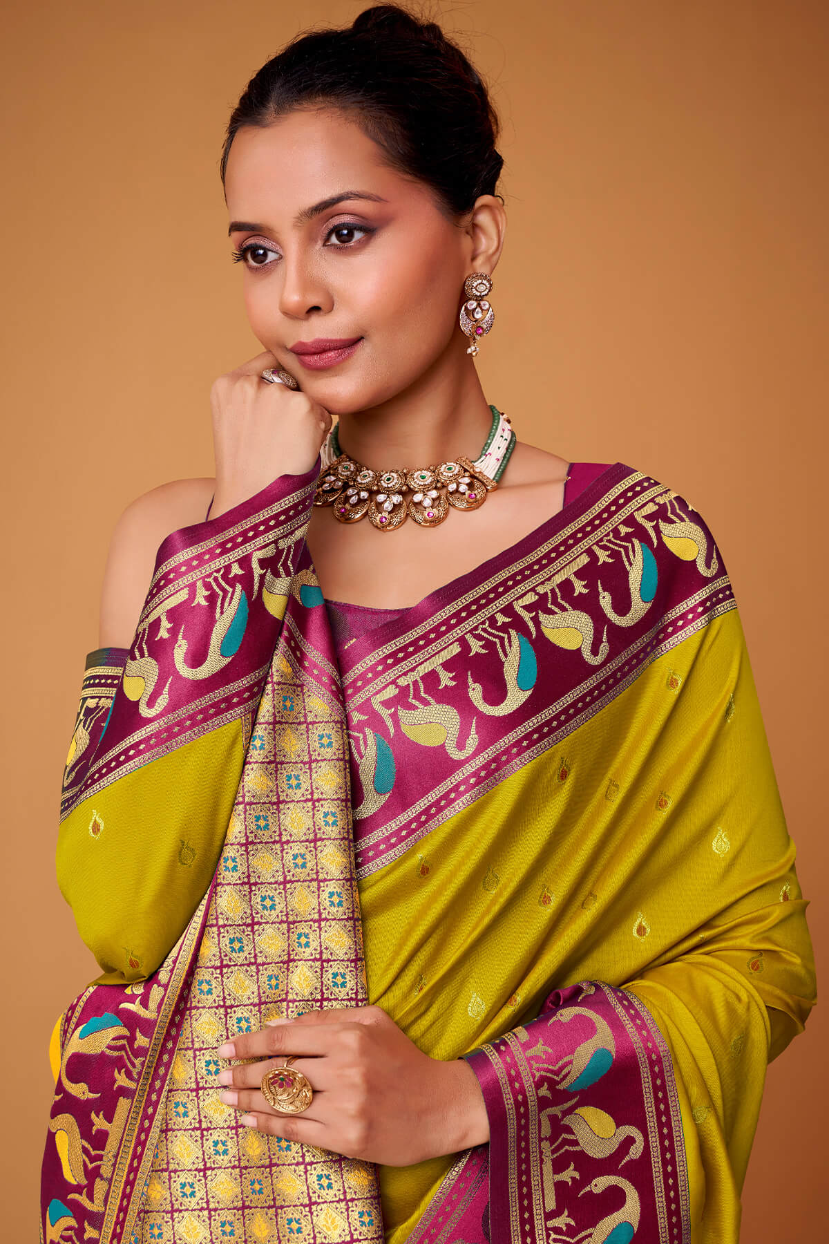 Muddy Yellow Banarasi Soft Satin Silk Saree
