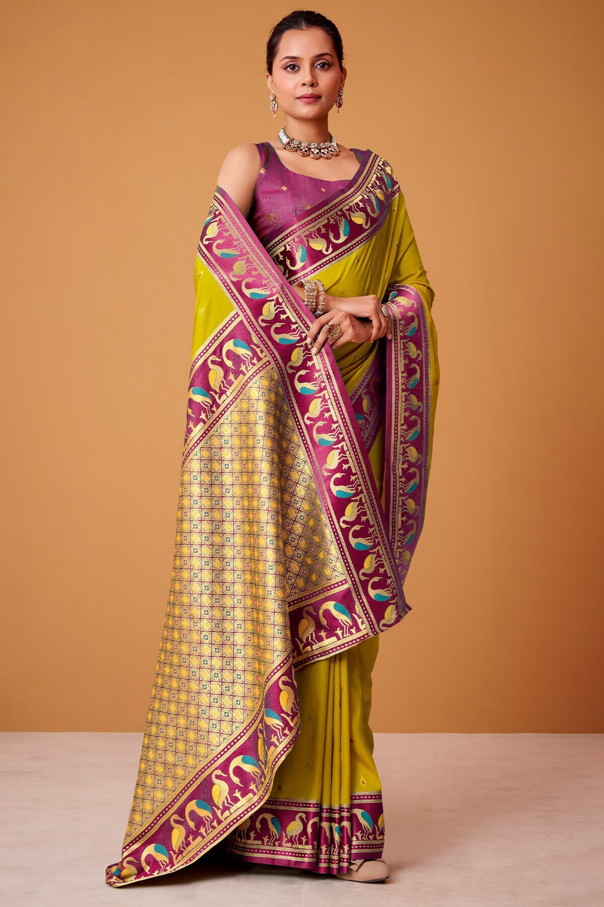 Muddy Yellow Banarasi Soft Satin Silk Saree