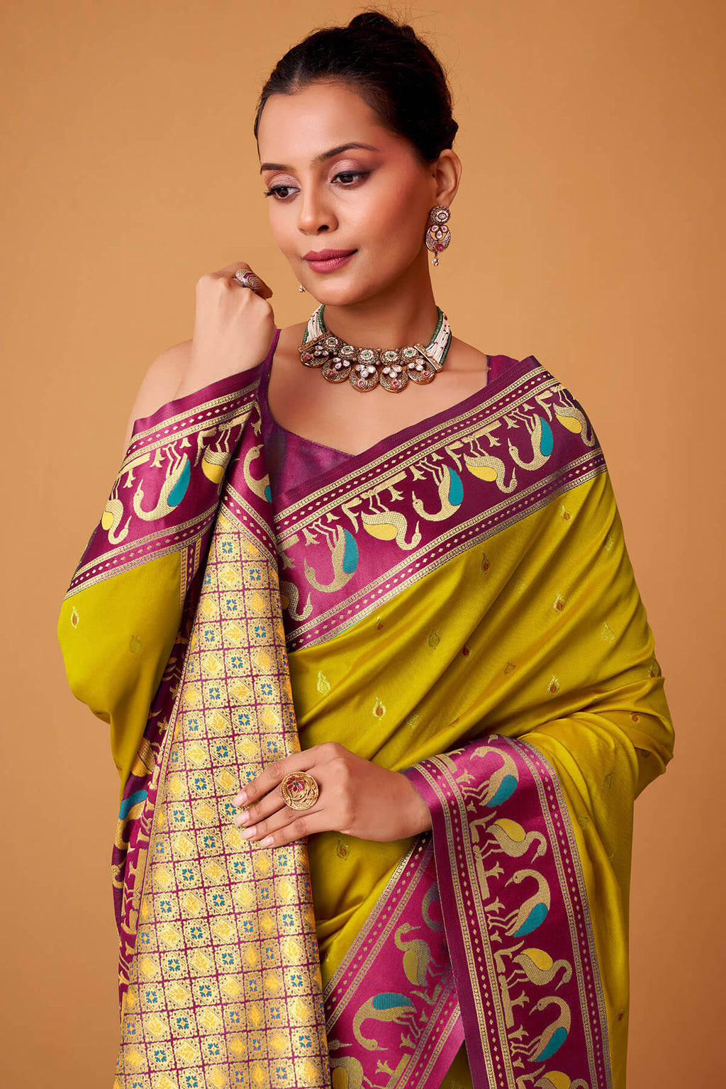 Muddy Yellow Banarasi Soft Satin Silk Saree