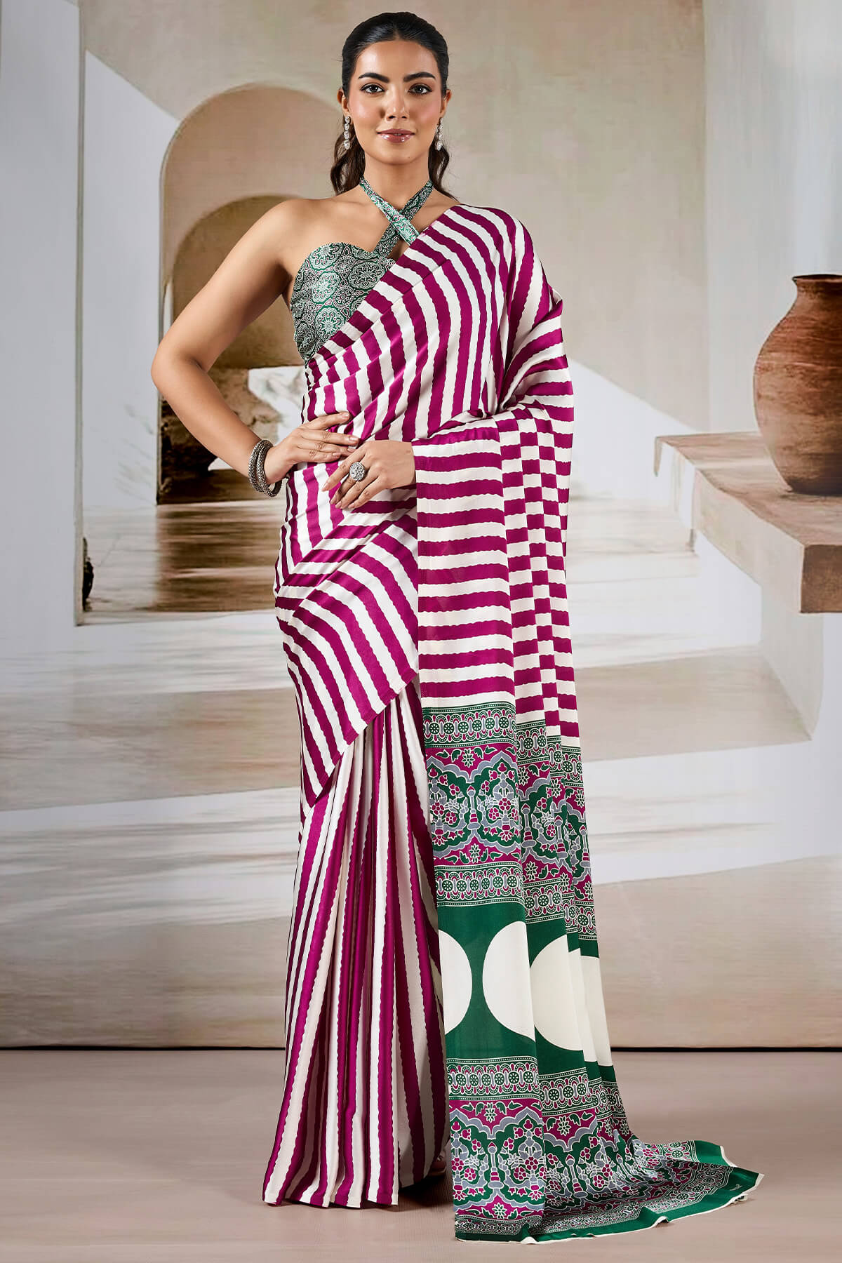Mulberry Wine Ajrakh Printed Satin Crepe Silk Saree