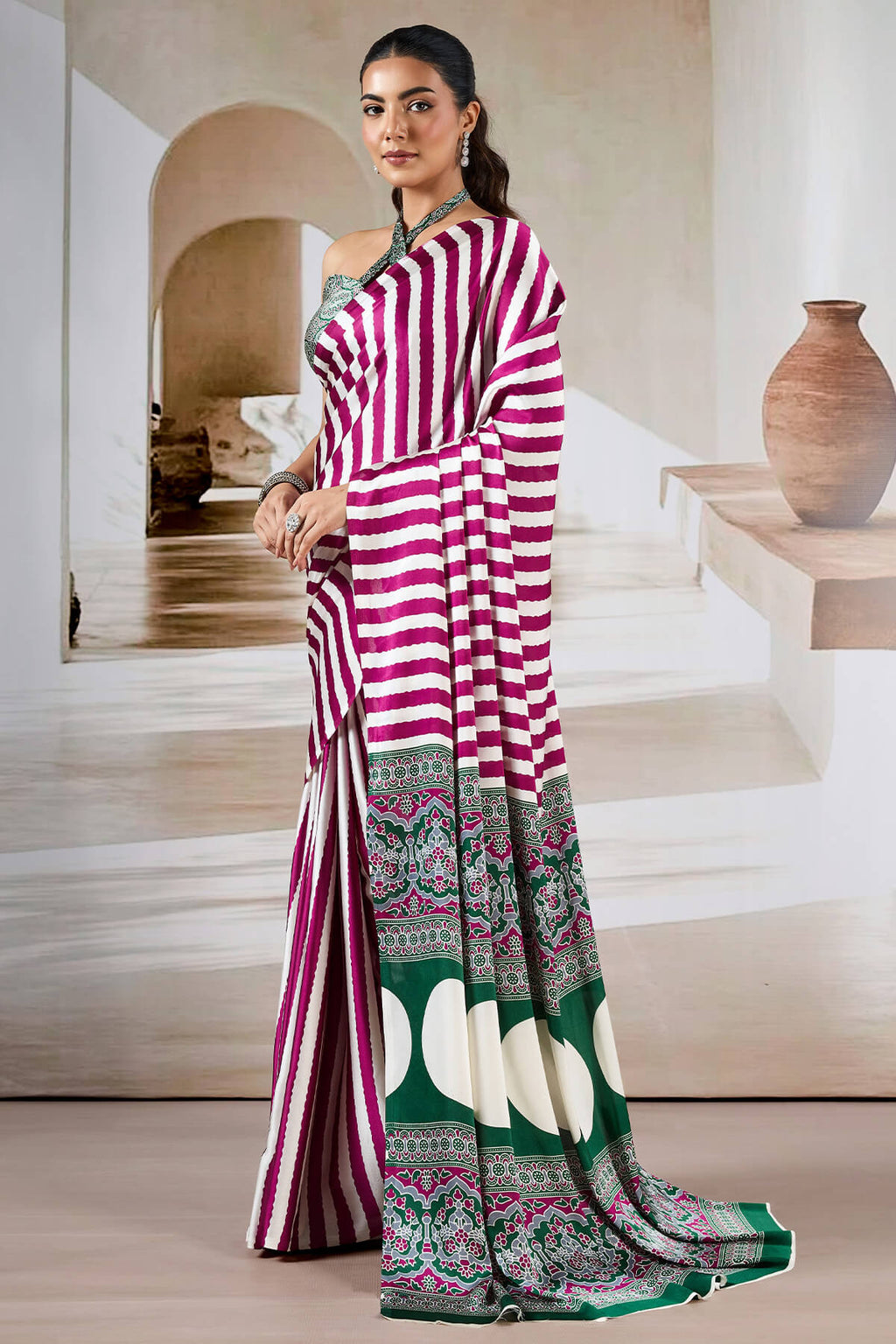 Mulberry Wine Ajrakh Printed Satin Crepe Silk Saree