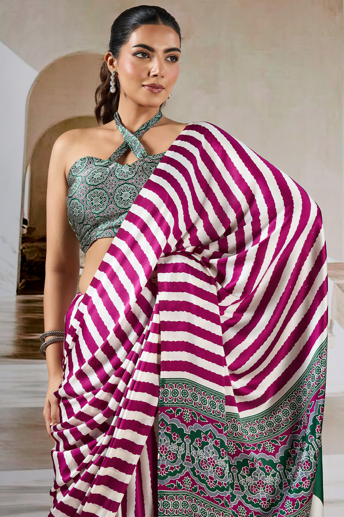 Mulberry Wine Ajrakh Printed Satin Crepe Silk Saree