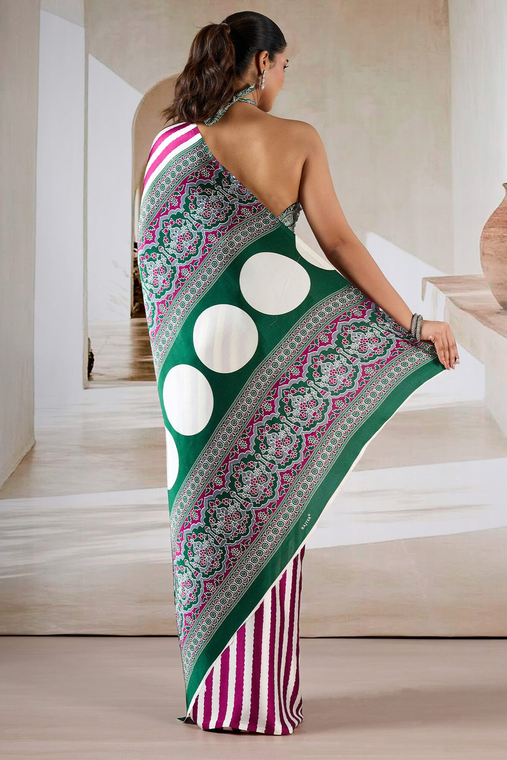 Mulberry Wine Ajrakh Printed Satin Crepe Silk Saree