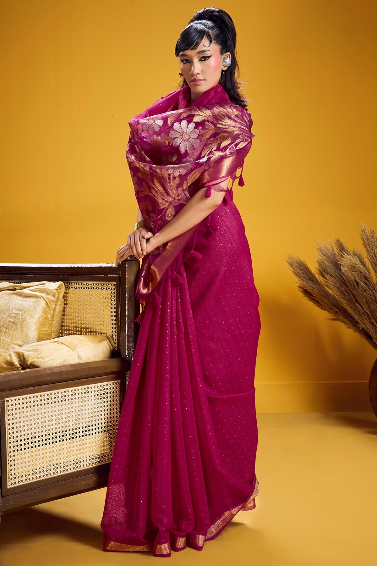 Mulberry Wine Munga Cotton Silk Saree