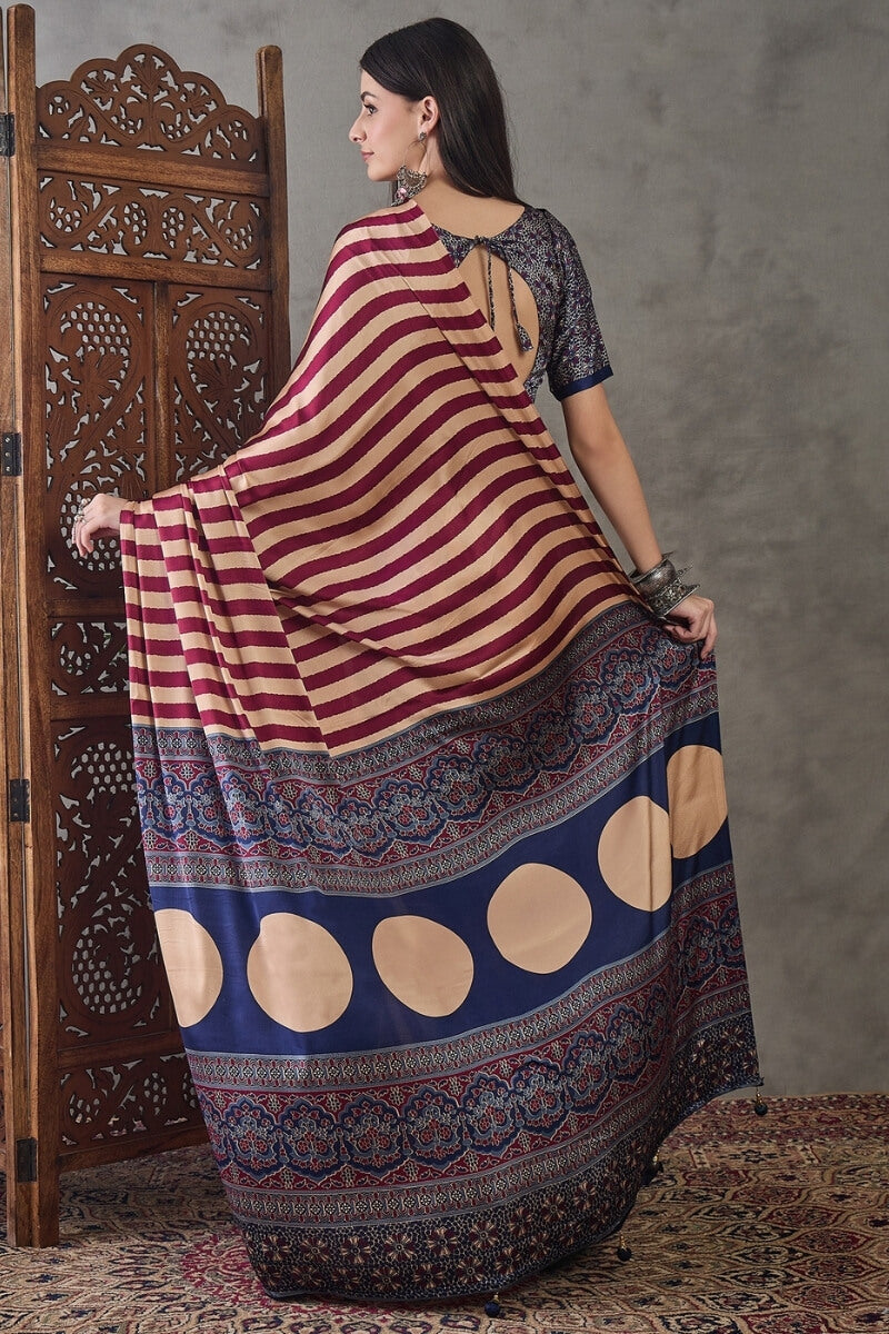 Mulberry Wine Stripe Ajrakh Printed Satin Silk Saree