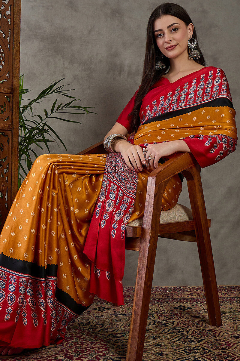 Mustard Yellow Ajrakh Printed Satin Silk Saree