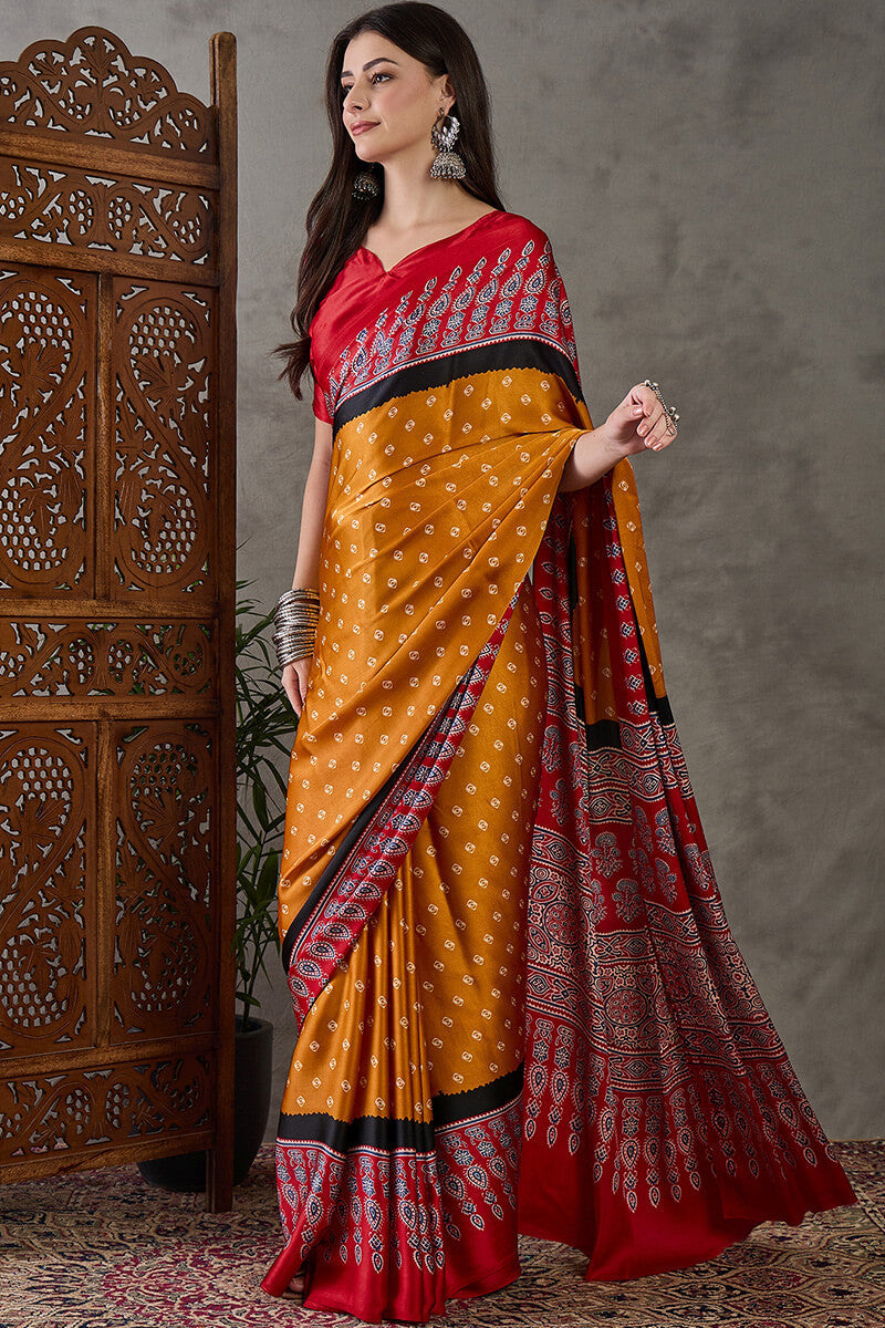 Mustard Yellow Ajrakh Printed Satin Silk Saree
