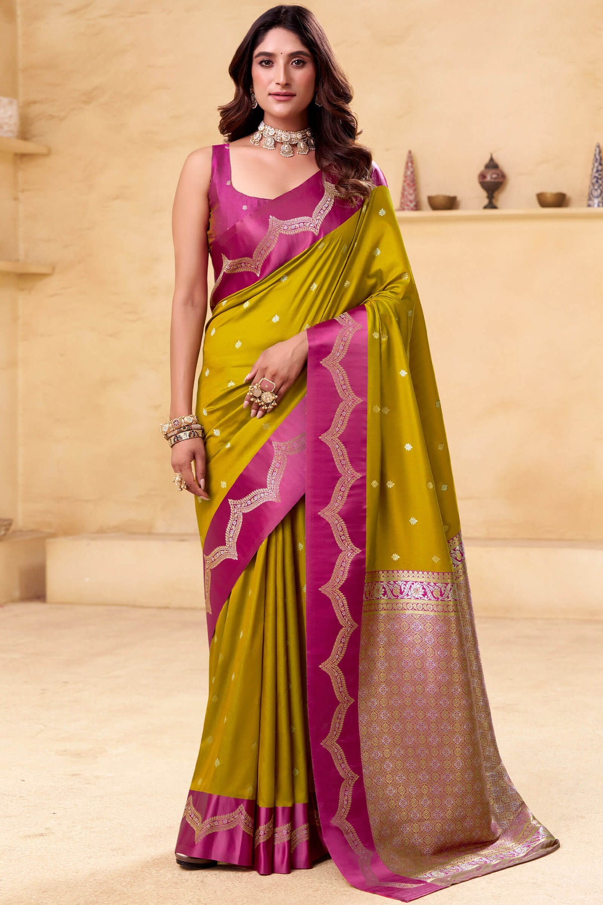 Mustard Yellow Banarasi Satin Silk Saree