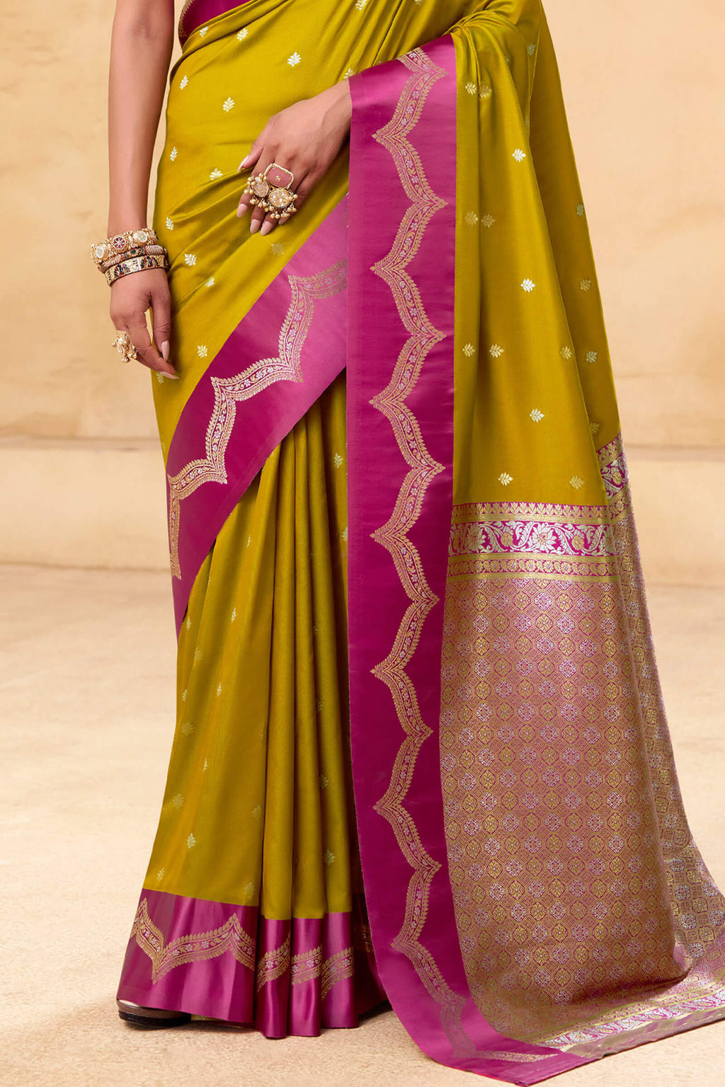 Mustard Yellow Banarasi Satin Silk Saree