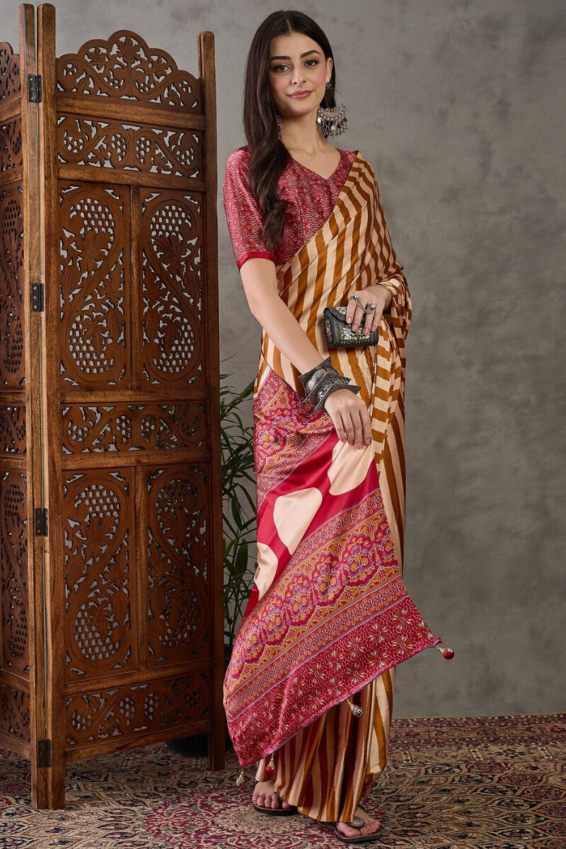 Mustard Yellow Stripe Ajrakh Printed Satin Silk Saree