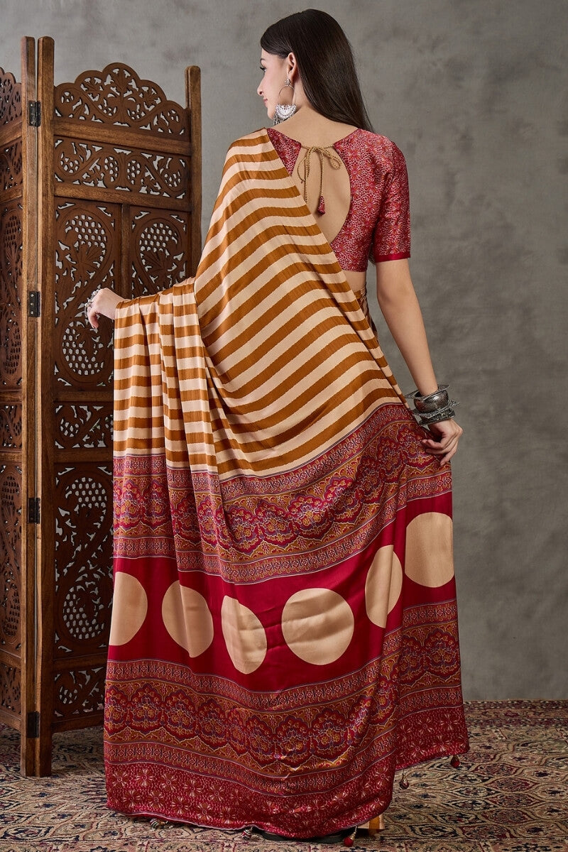 Mustard Yellow Stripe Ajrakh Printed Satin Silk Saree