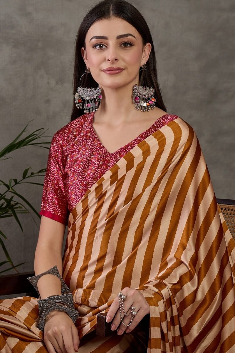 Mustard Yellow Stripe Ajrakh Printed Satin Silk Saree