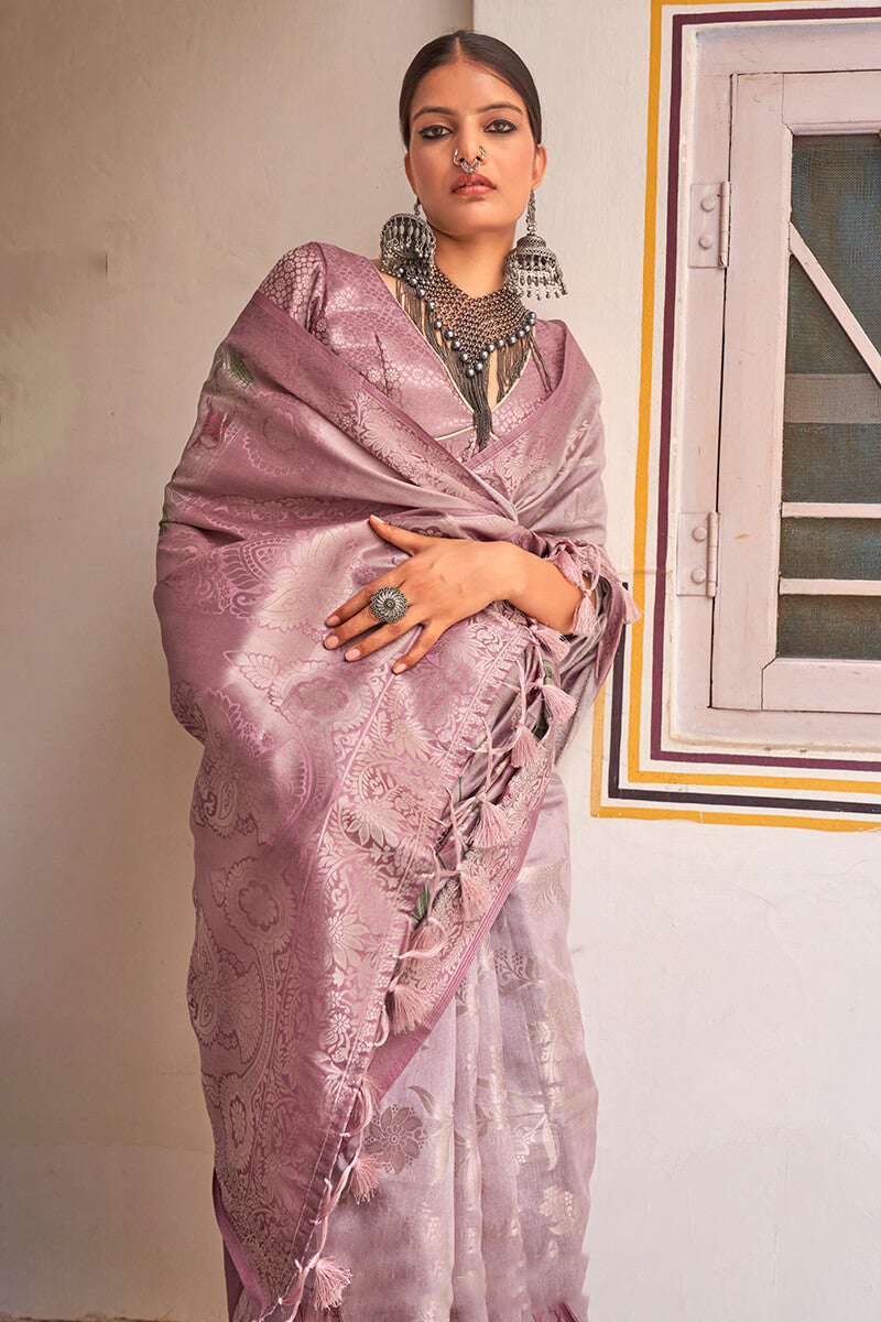 Muted Lavender Zari Woven Digital Printed Soft Cotton Silk Saree