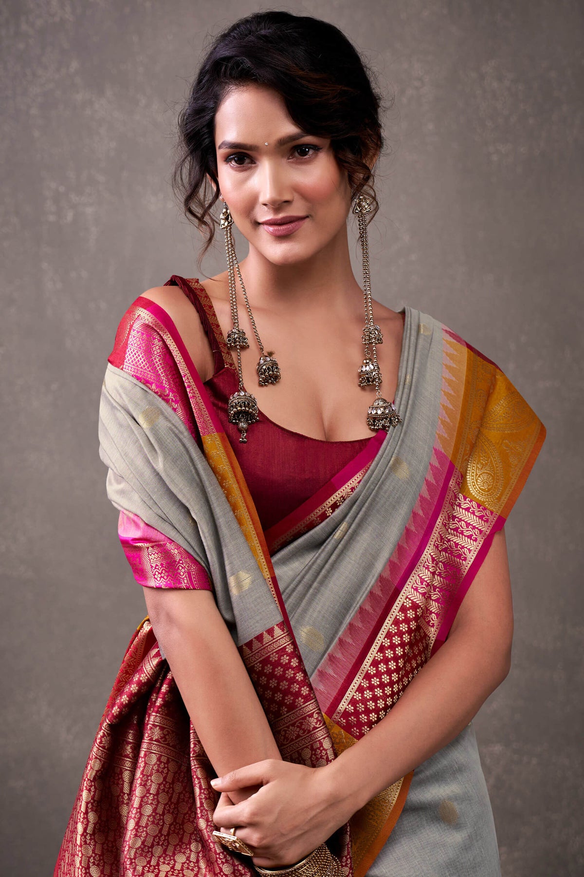 Natural Grey Cotton Modal Silk Saree