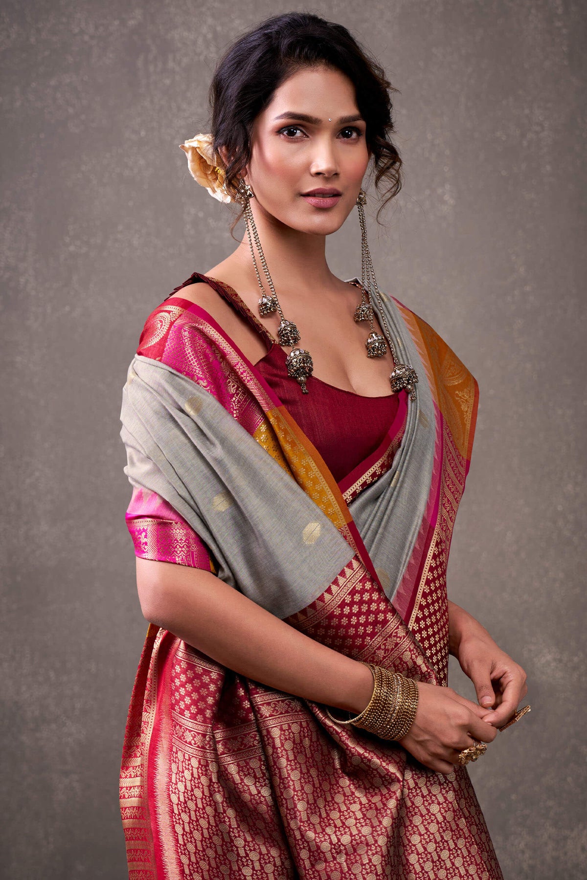 Natural Grey Cotton Modal Silk Saree