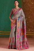 Natural Grey Kashmiri Modal Pashmina Silk Saree