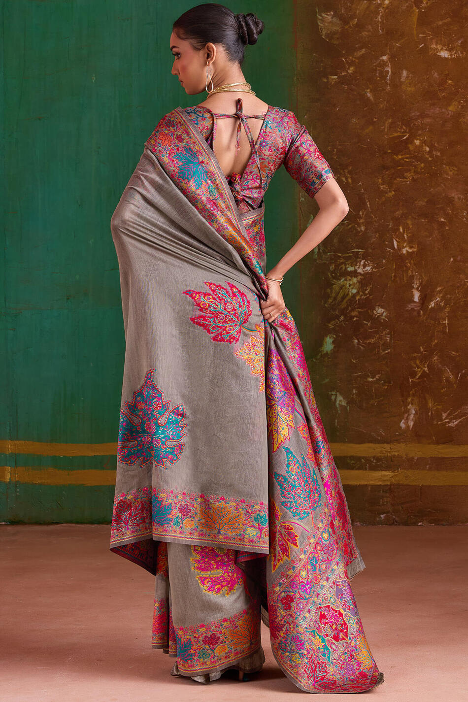Natural Grey Kashmiri Modal Pashmina Silk Saree