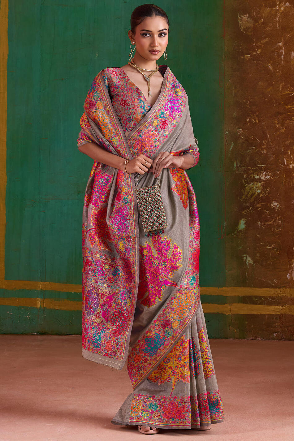 Natural Grey Kashmiri Modal Pashmina Silk Saree