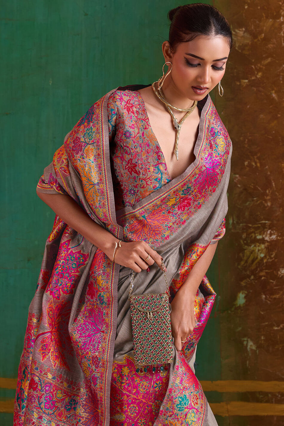 Natural Grey Kashmiri Modal Pashmina Silk Saree