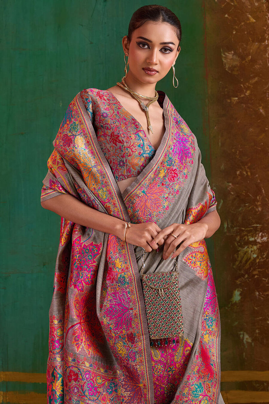 Natural Grey Kashmiri Modal Pashmina Silk Saree