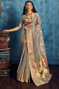 Natural Grey Paithani Tissue Silk Saree