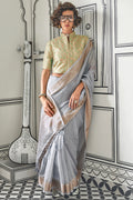 Natural Grey Zari Woven Chiffon Saree
