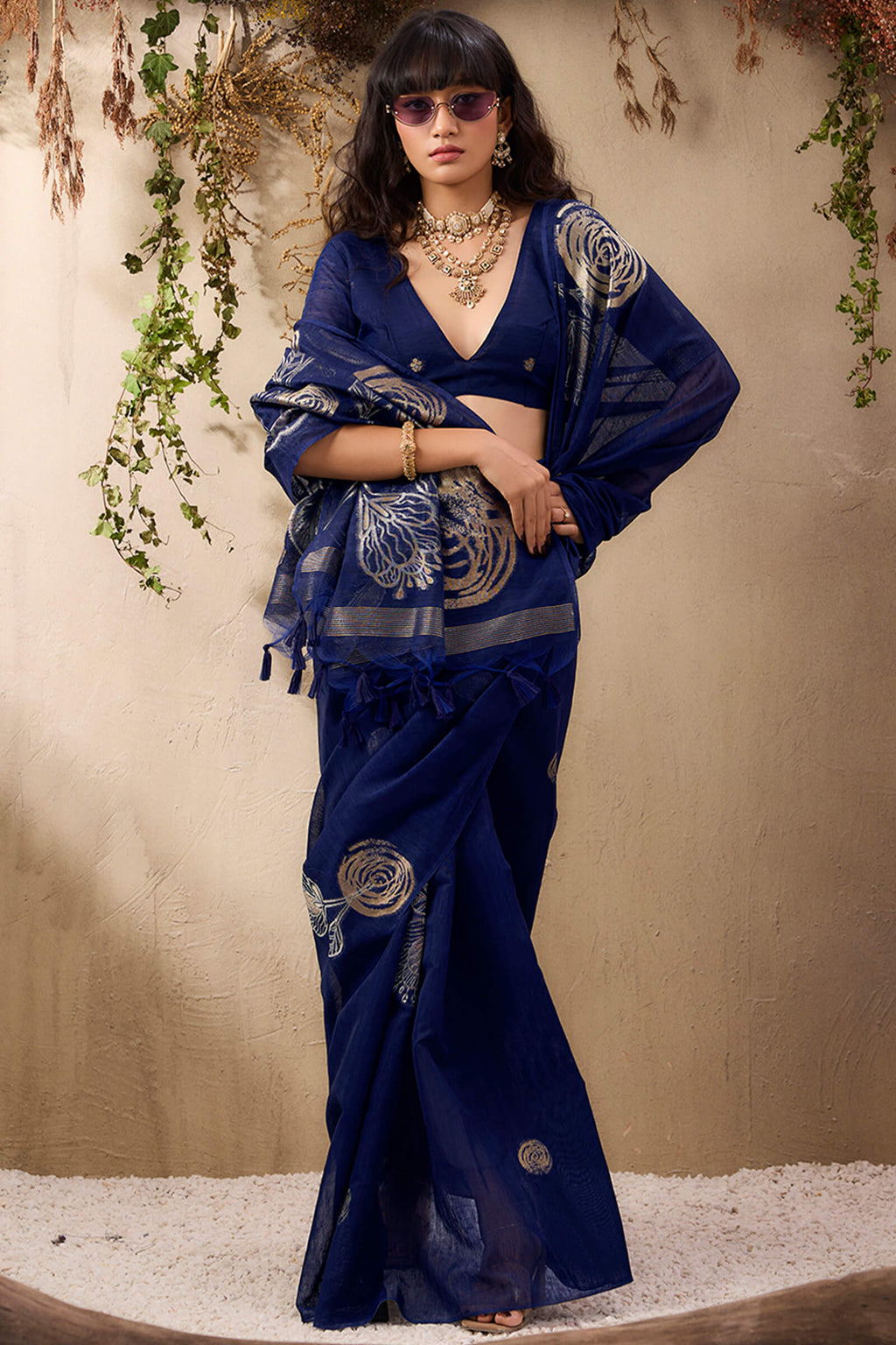 Navy Blue Munga Silk Saree