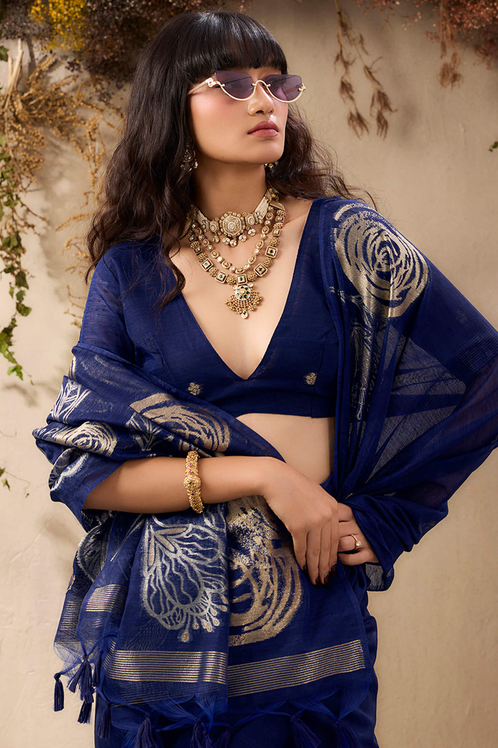 Navy Blue Munga Silk Saree