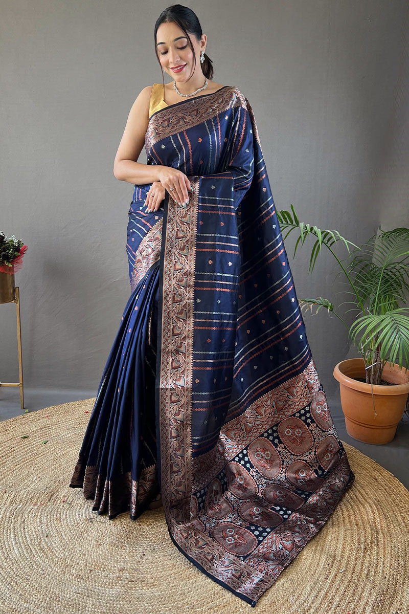 Navy Blue Soft Banarasi Silk Saree