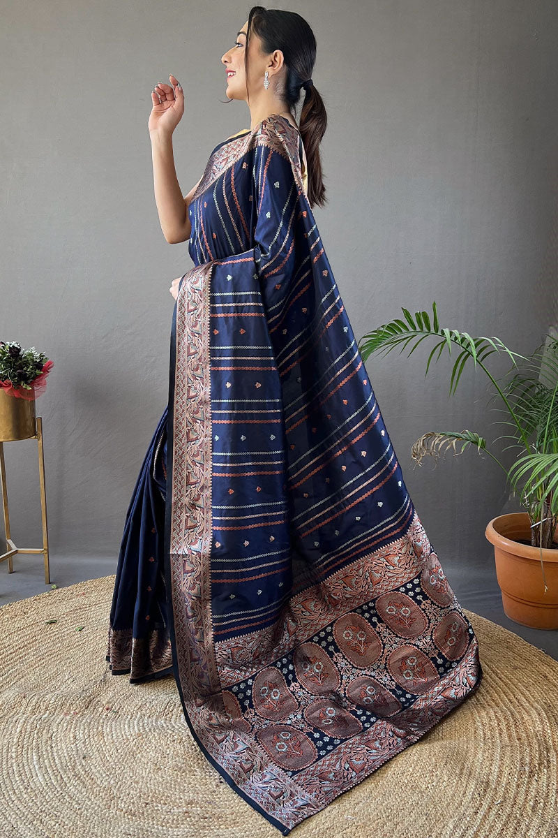 Navy Blue Soft Banarasi Silk Saree