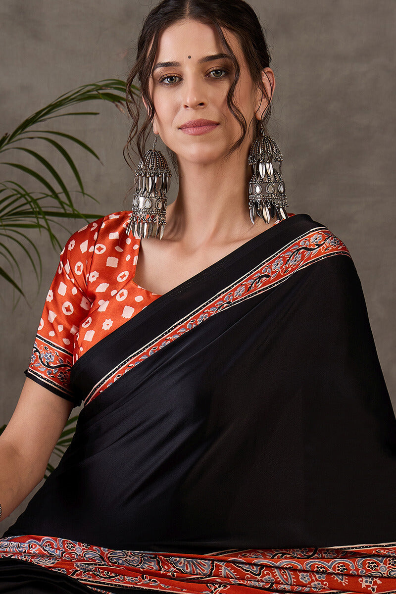 Night Black Ajrakh Printed Satin Silk Saree