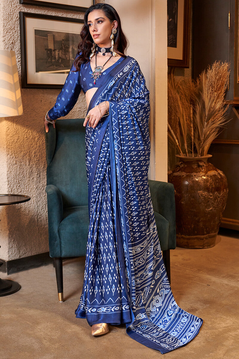 Nile Blue Patola Printed Satin Crepe Silk Saree