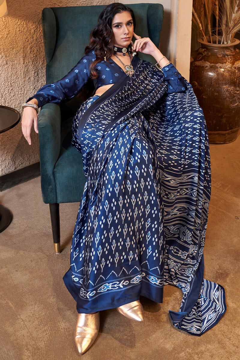 Nile Blue Patola Printed Satin Crepe Silk Saree