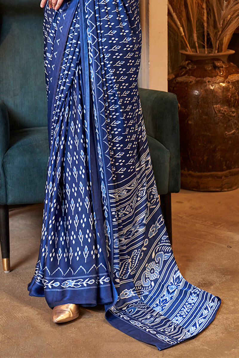 Nile Blue Patola Printed Satin Crepe Silk Saree