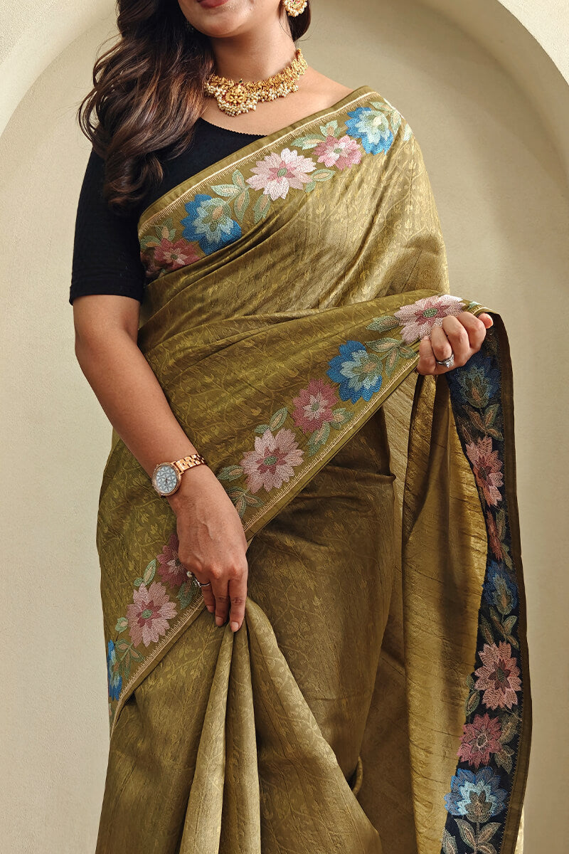 Oak Brown Contrast Color Embroidered Tussar Silk Saree