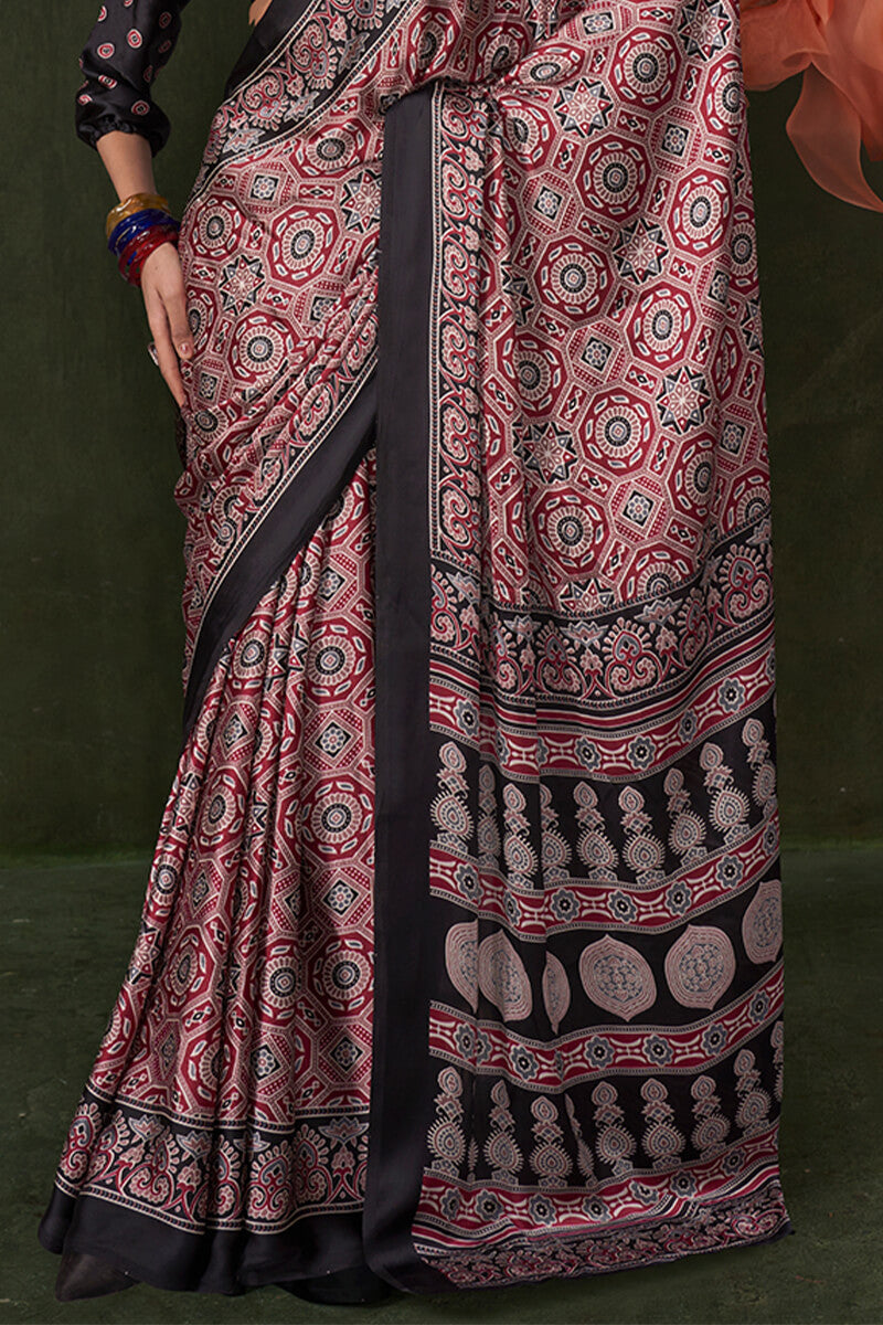 Oak Maroon Ajrakh Printed Satin Silk Saree