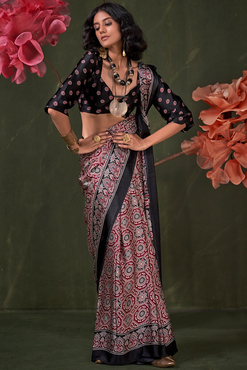 Oak Maroon Ajrakh Printed Satin Silk Saree