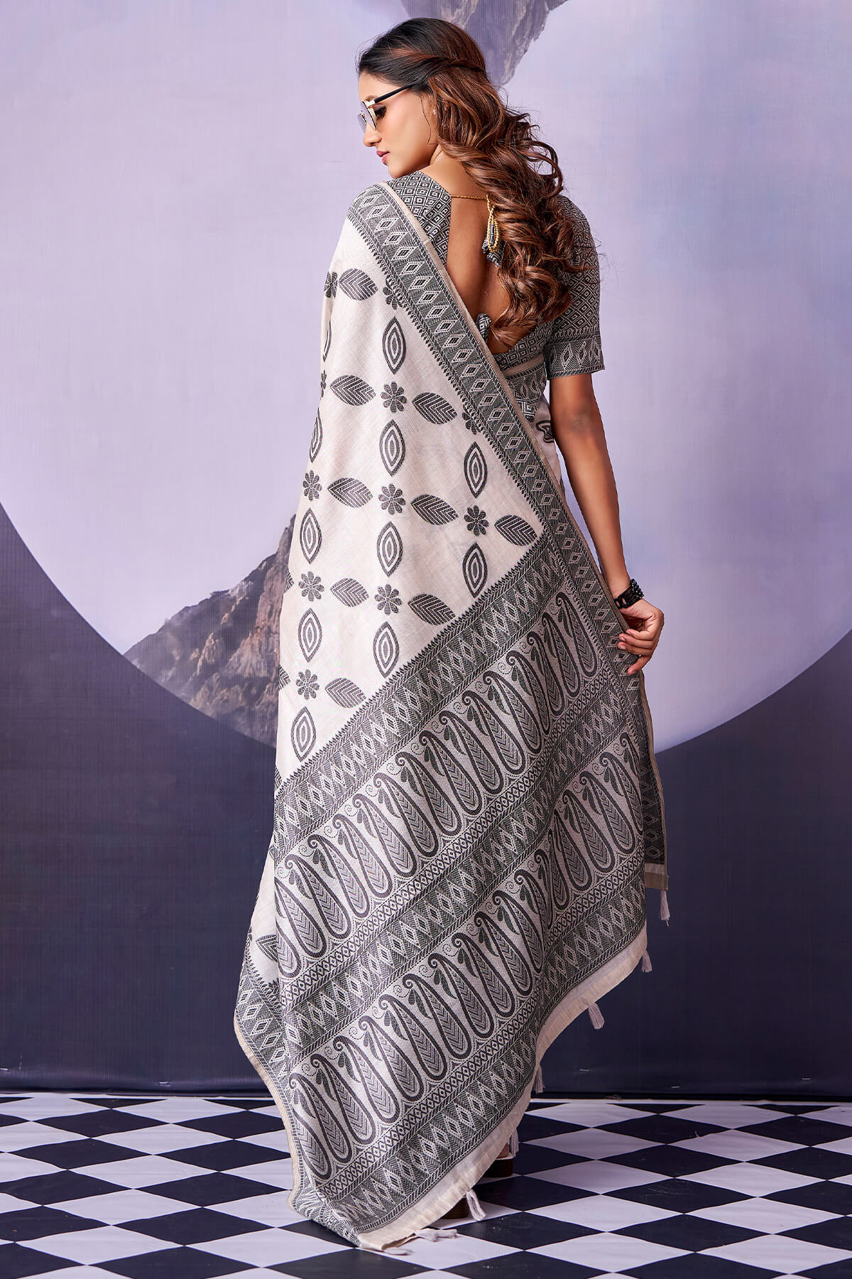 Off White and Black Cotton Silk Saree