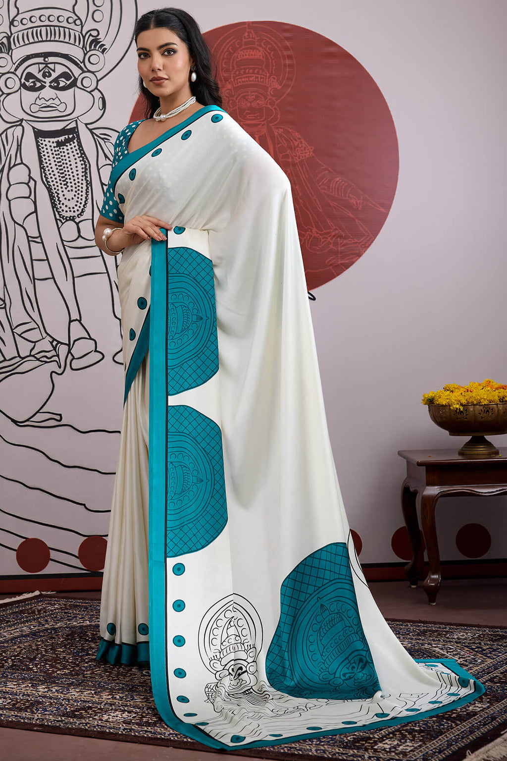 Off White and Blue Ajrakh Printed Satin Crepe Silk Saree