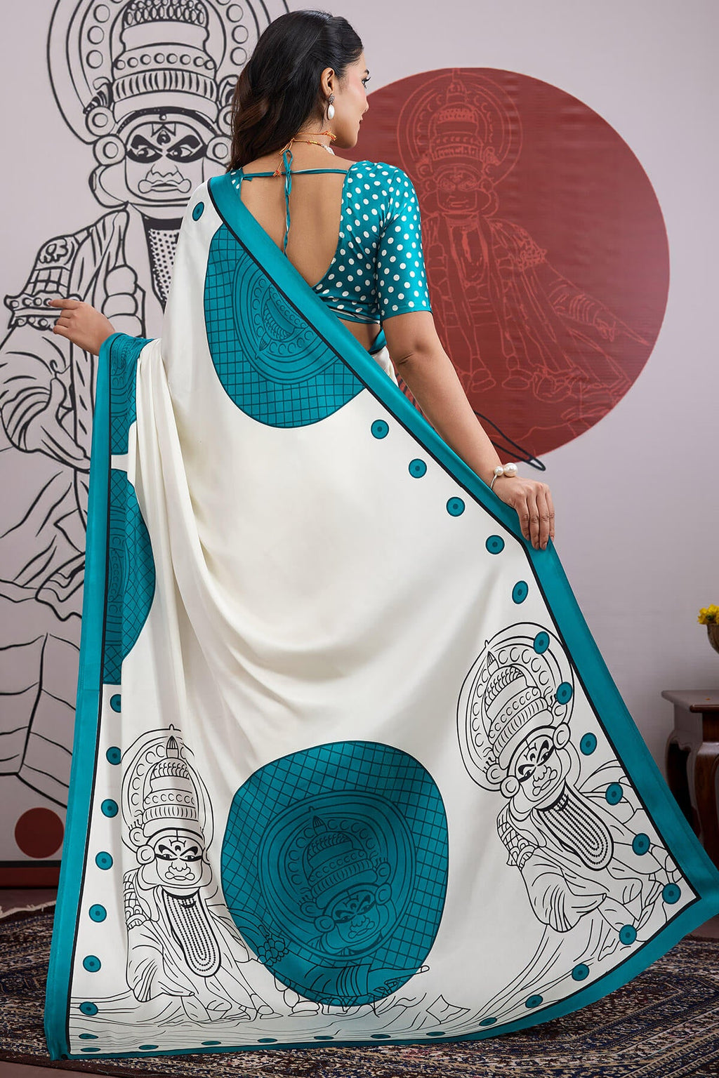 Off White and Blue Ajrakh Printed Satin Crepe Silk Saree