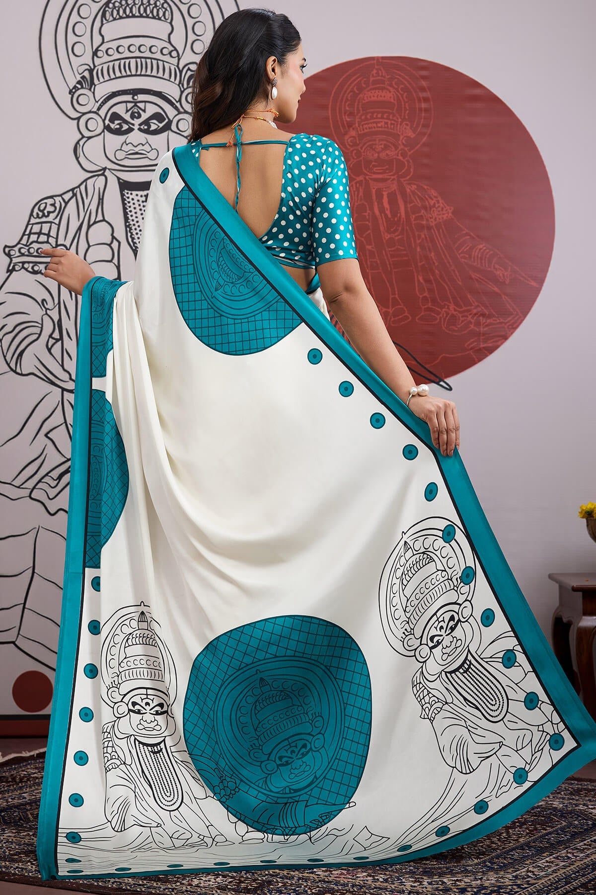 Off White and Blue Ajrakh Printed Satin Crepe Silk Saree