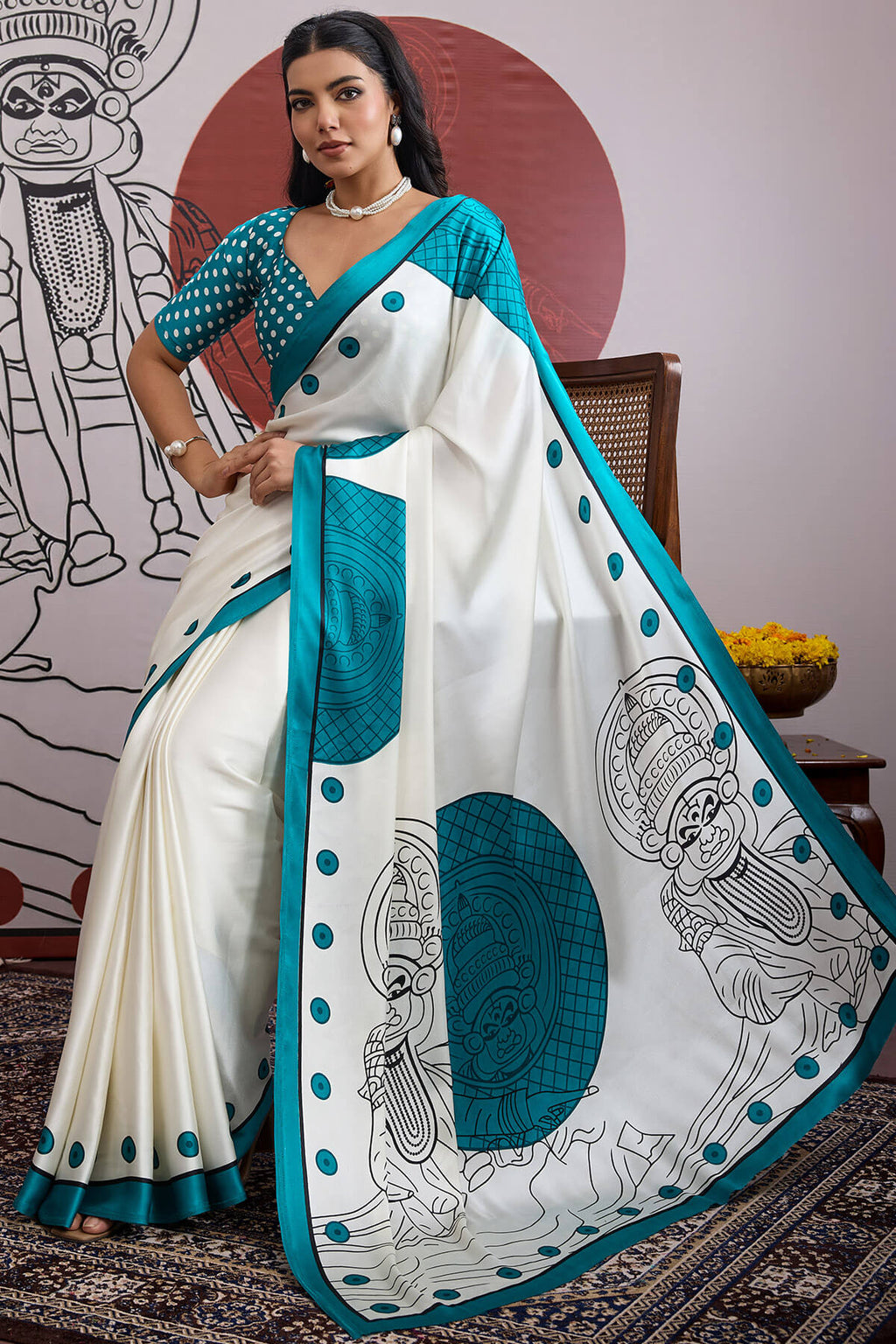 Off White and Blue Ajrakh Printed Satin Crepe Silk Saree
