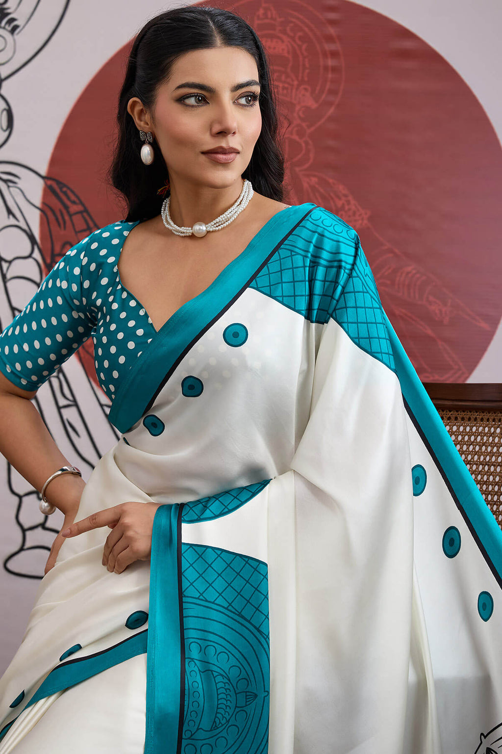 Off White and Blue Ajrakh Printed Satin Crepe Silk Saree
