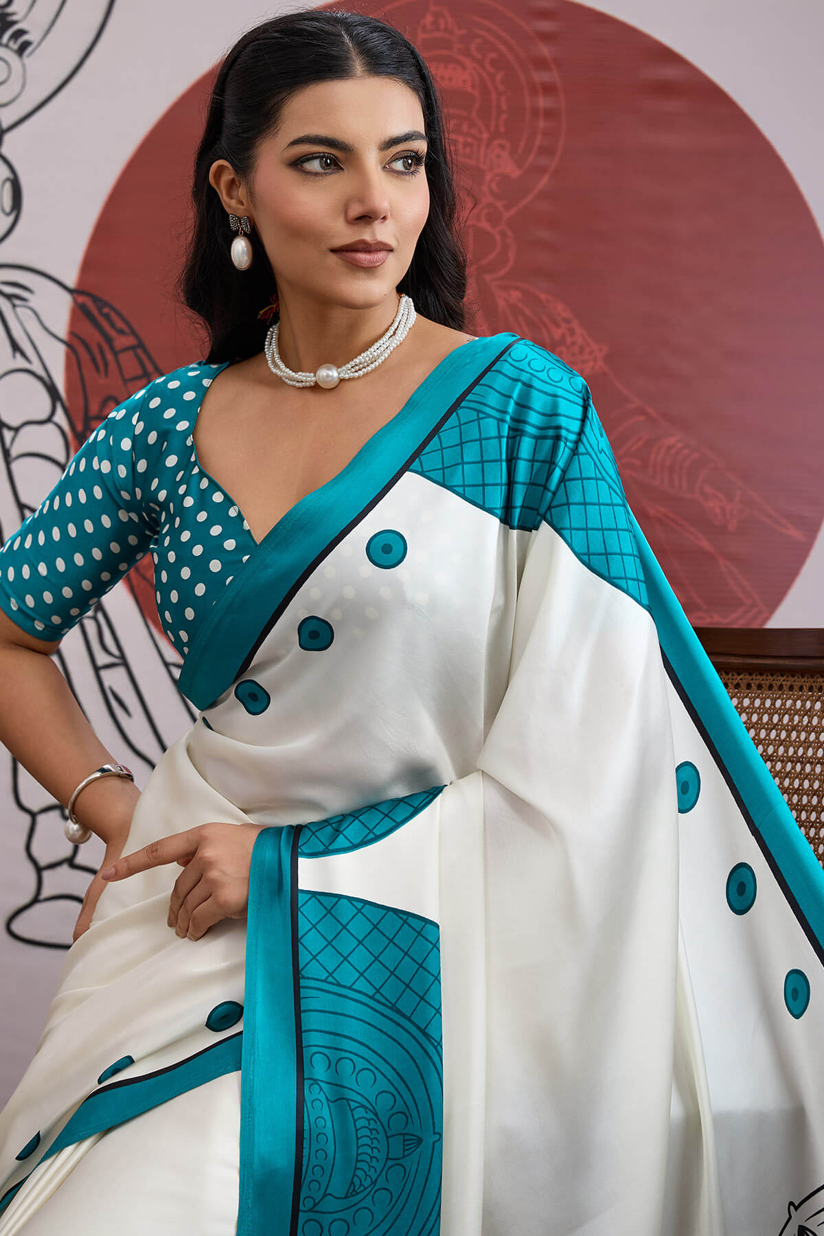 Off White and Blue Ajrakh Printed Satin Crepe Silk Saree