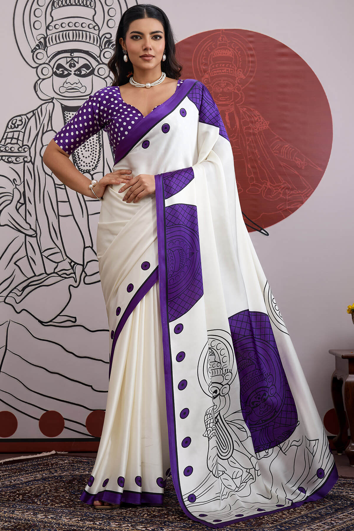 Off White and Purple Ajrakh Printed Satin Crepe Silk Saree
