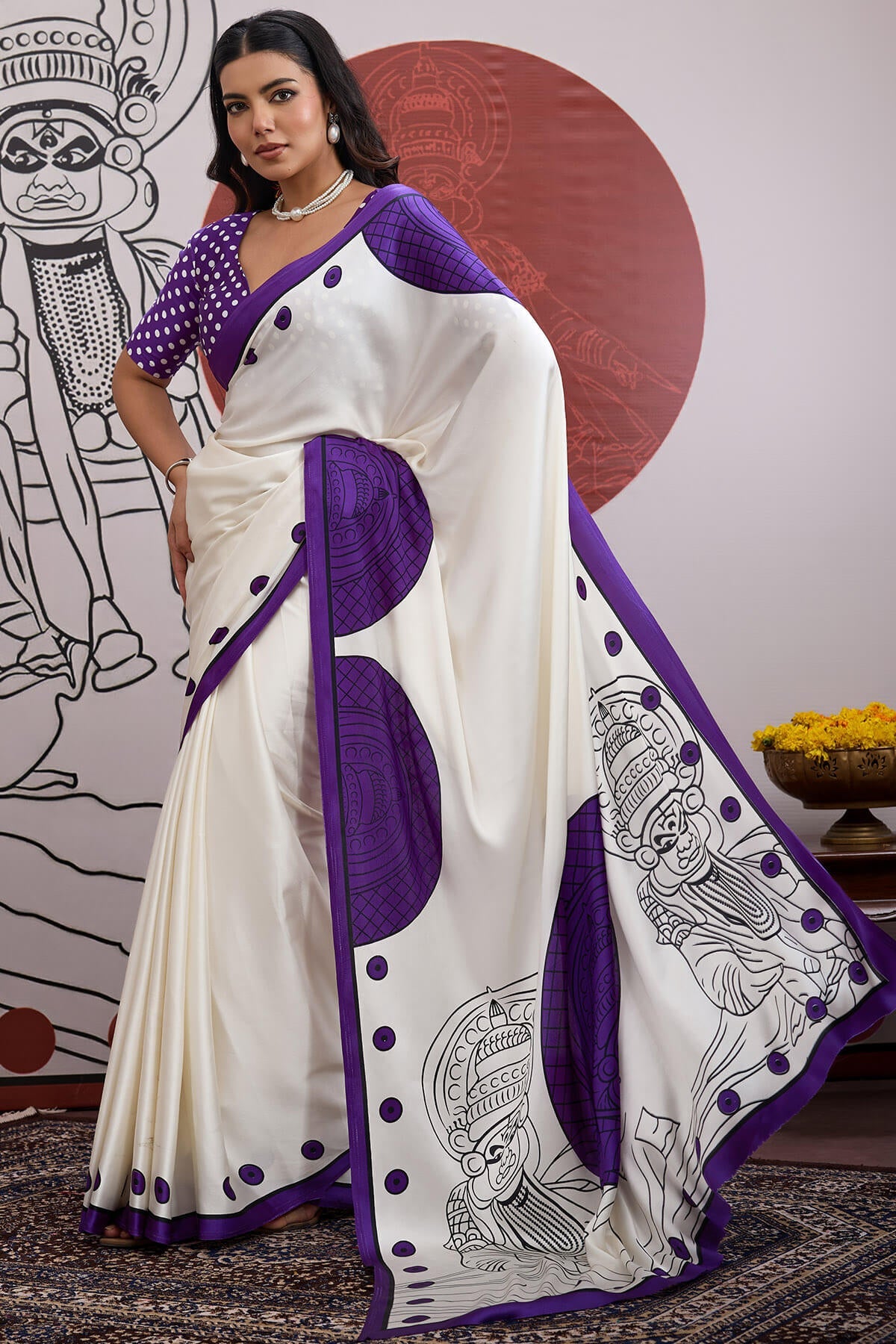 Off White and Purple Ajrakh Printed Satin Crepe Silk Saree