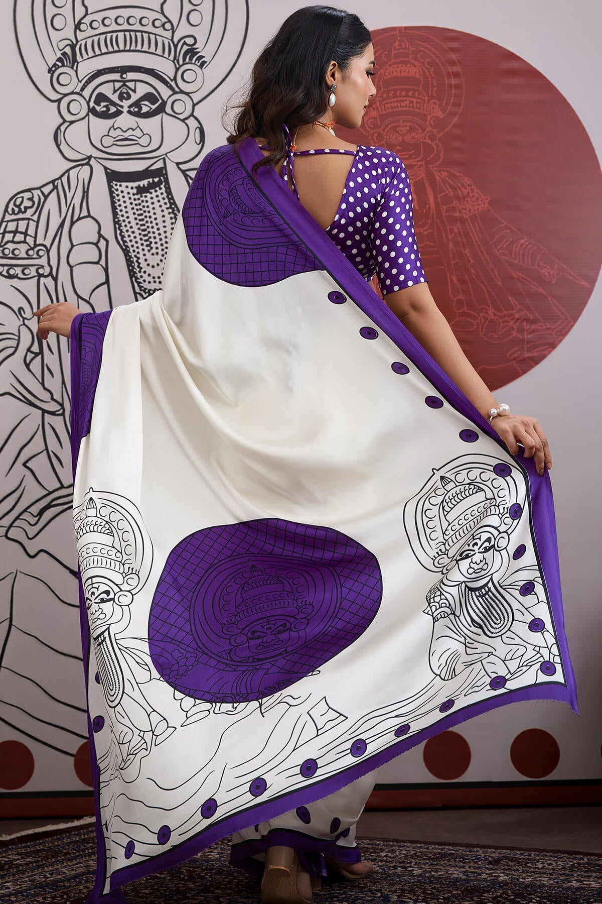 Off White and Purple Ajrakh Printed Satin Crepe Silk Saree