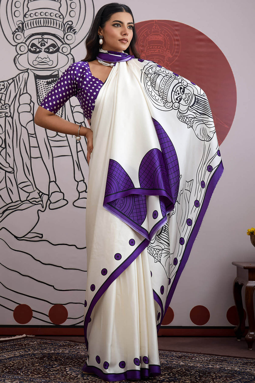 Off White and Purple Ajrakh Printed Satin Crepe Silk Saree